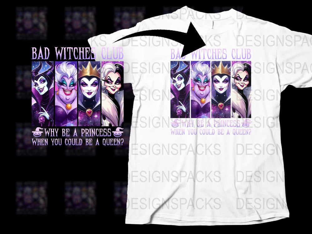 Bad Witches Club T-Shirt, Gothic Queen Witch Graphic Tee, Halloween Villain Costume Top, Women's Unique Fashion Shirt