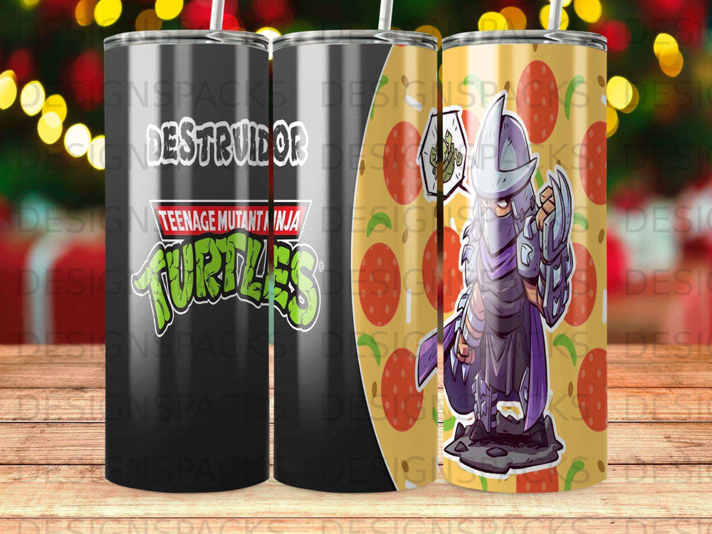 Teenage Mutant Ninja Turtles Shredder character on a tumbler with a pizza slice pattern.