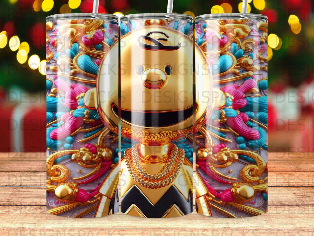 Snoopy character with gold chain on a colorful, patterned tumbler.