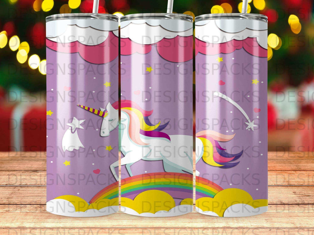Purple tumbler with a unicorn, rainbow, and stars.