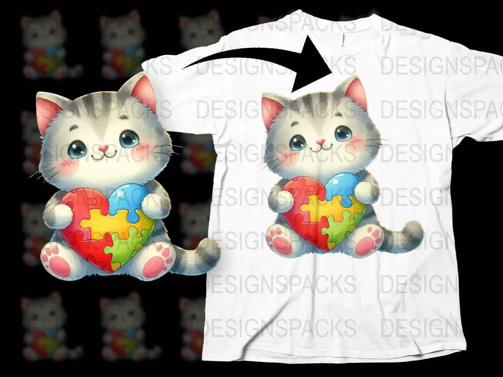 Cute Cat with Autism Awareness Puzzle Heart T-Shirt, Colorful Kitten Graphic Tee, Unisex Adult and Kids Sizes