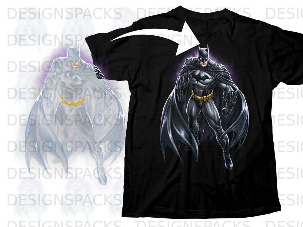 Black t-shirt with a detailed illustration of Batman in a dynamic pose.