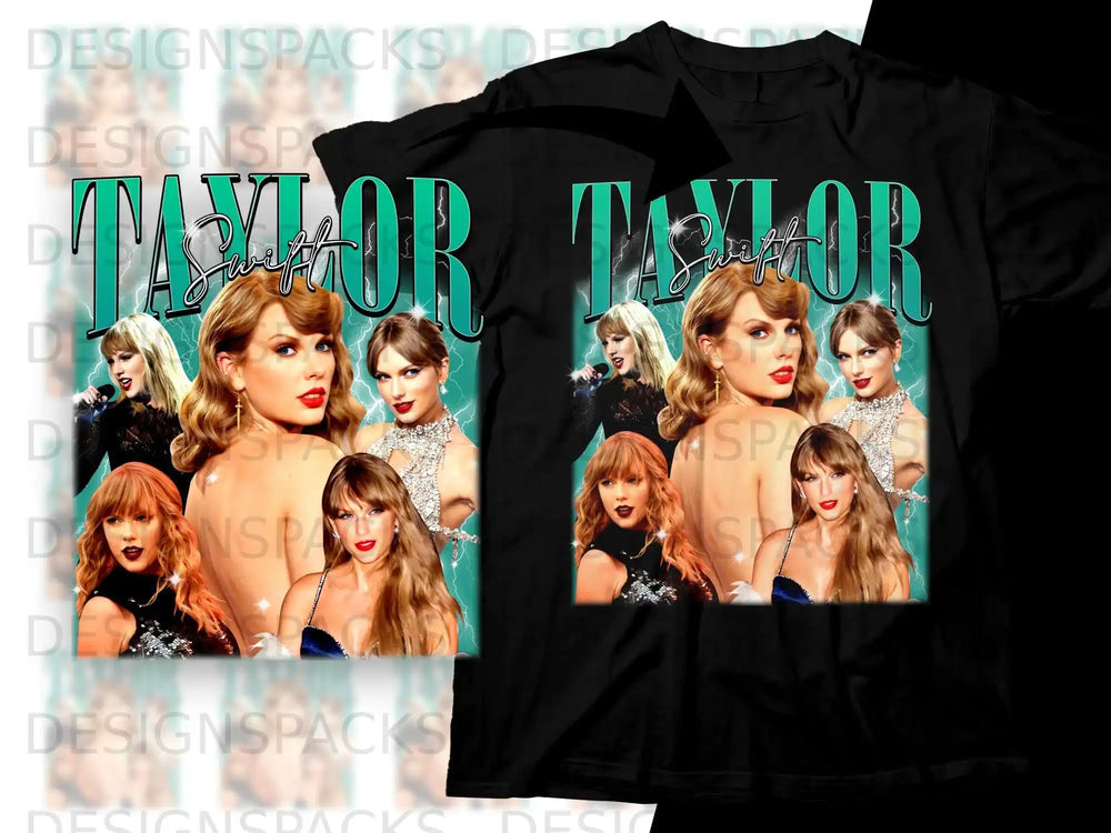 Taylor Swift collage graphic on black t-shirt