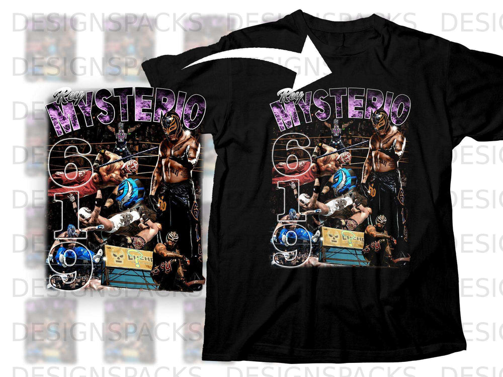 Rey Mysterio 619 graphic t-shirt with wrestler images.