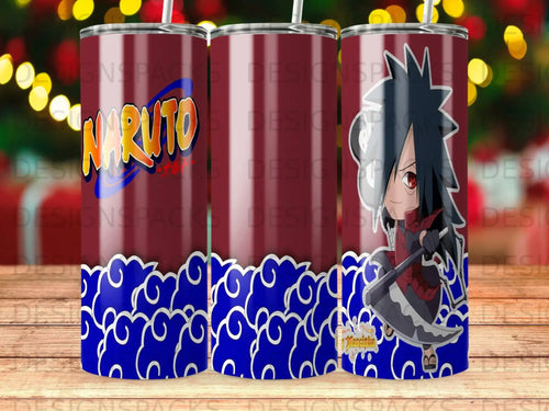 Naruto Madara character art on a tumbler with blue cloud pattern.