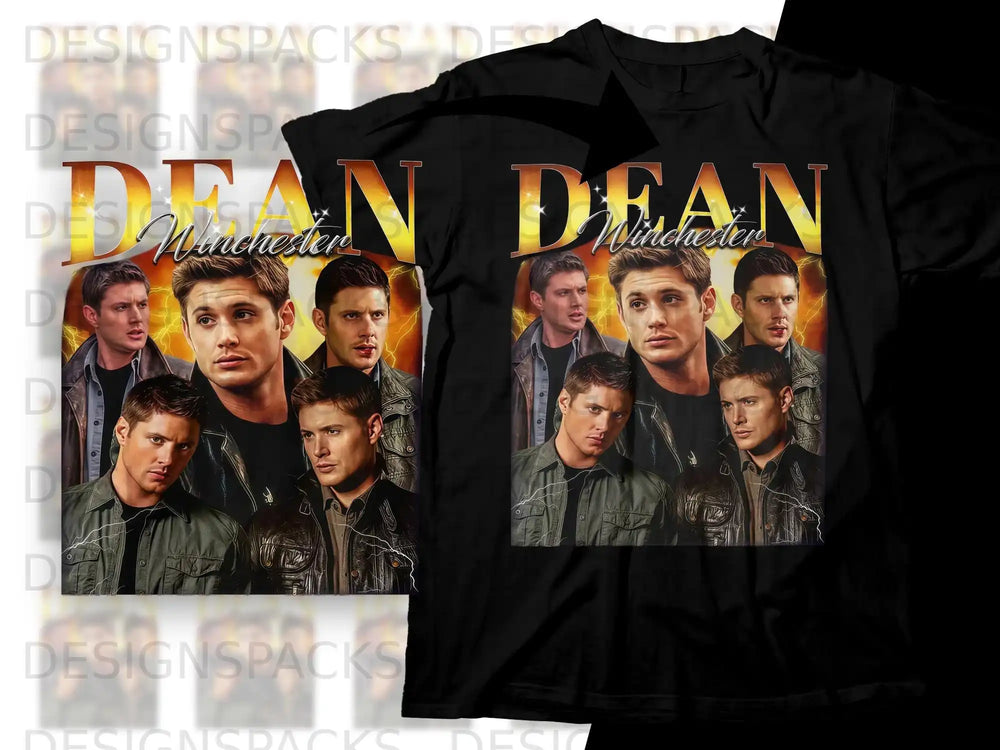 Dean Winchester collage on black t-shirt.