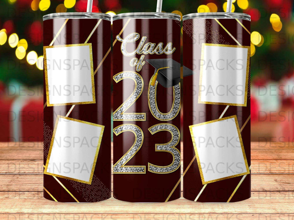 Graduation tumbler with "Class of 2023" and a graduation cap.