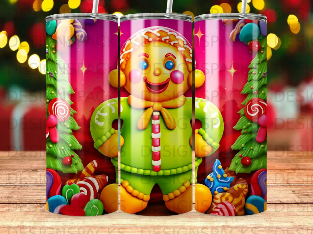 Gingerbread man with candy and Christmas trees, festive background.