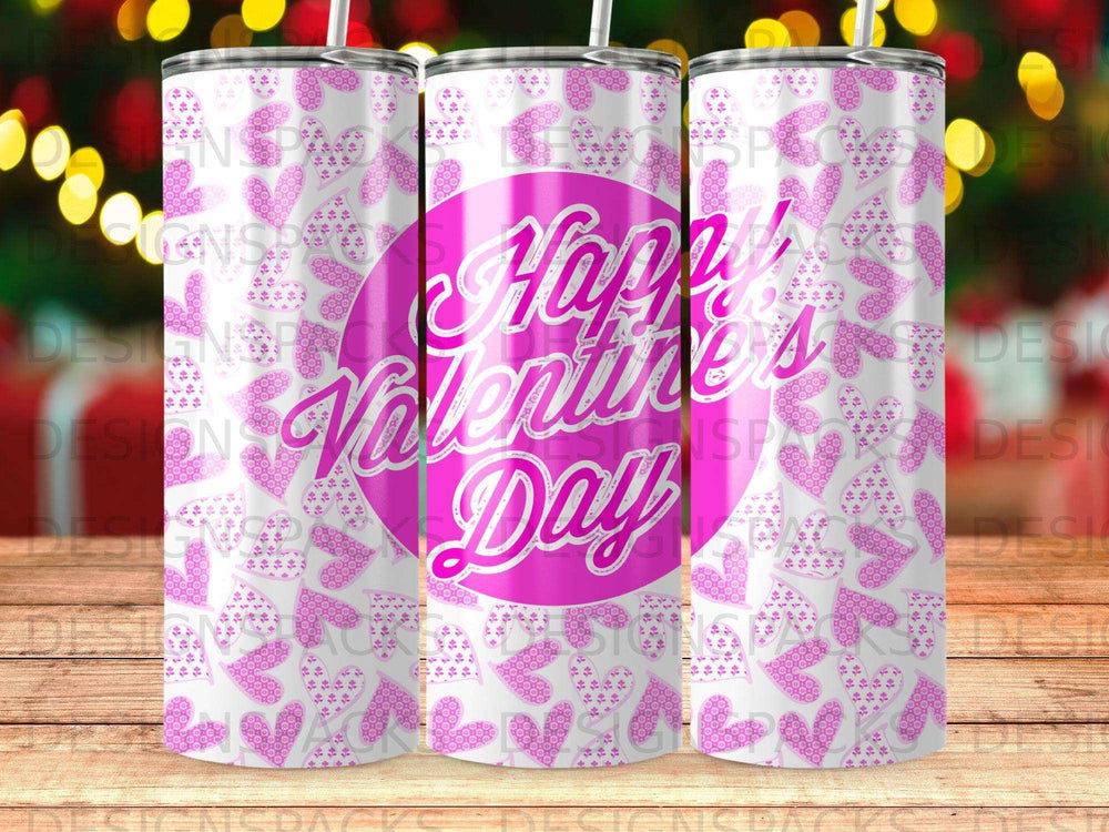 Pink hearts pattern tumbler with "Happy Valentine's Day" text.
