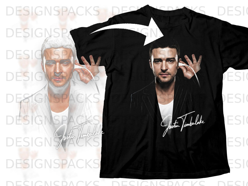 Black t-shirt featuring Justin Timberlake portrait with signature and earbuds.