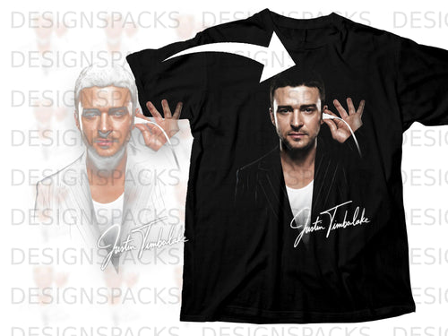 Black t-shirt featuring Justin Timberlake portrait with signature and earbuds.