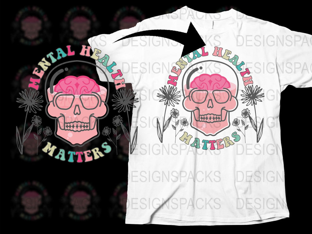 Mental Health Matters T-Shirt, Pink Brain Skull Graphic Tee, Floral Design, Unisex Fashion Clothing