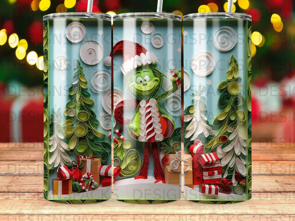 The Grinch in a Santa hat holding a candy cane with Christmas gifts and trees.