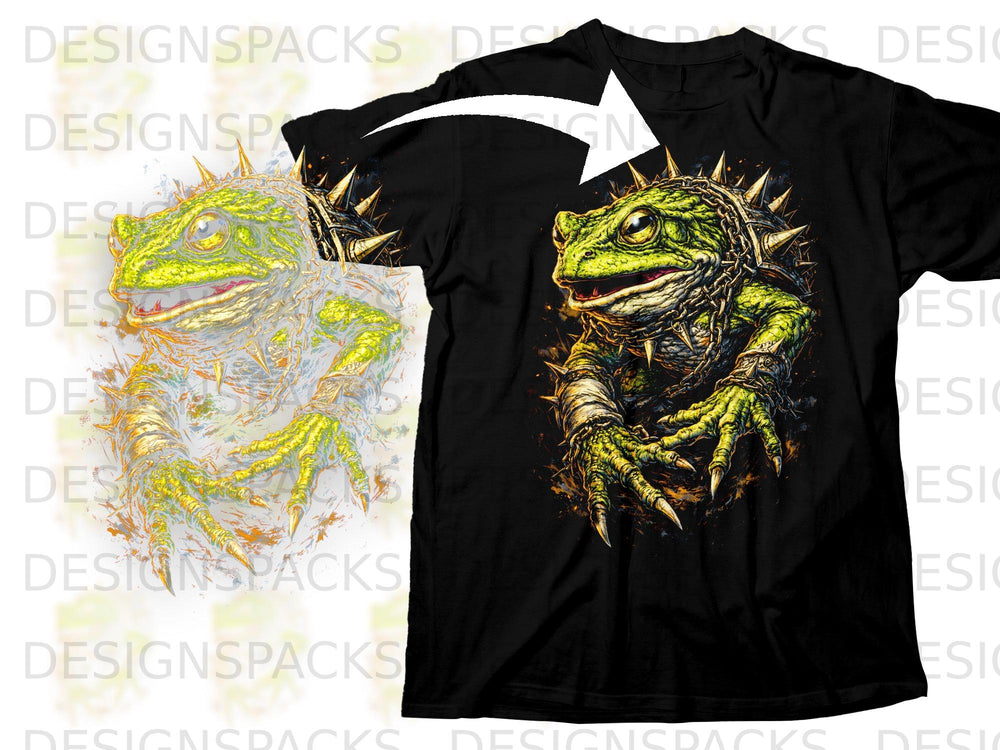 Black t-shirt with a graphic of a spiky, chain-clad frog.