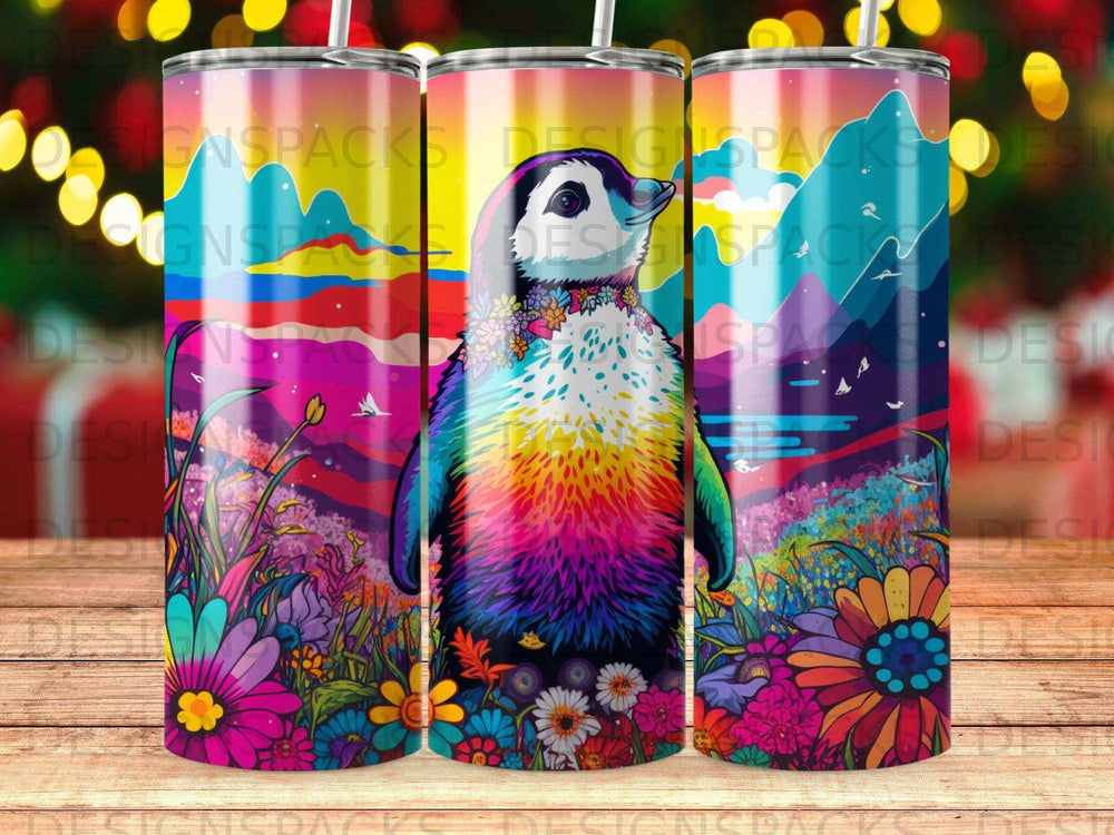 Colorful penguin with flowers and mountains on a tumbler.