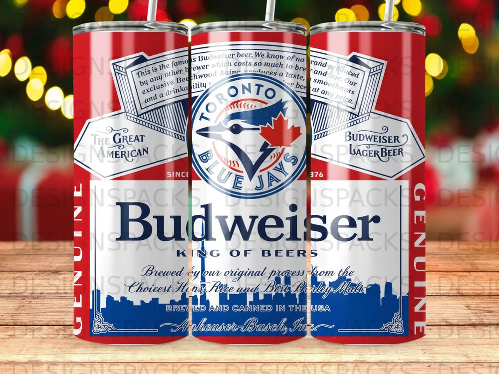 Budweiser beer cans with Toronto Blue Jays logo.