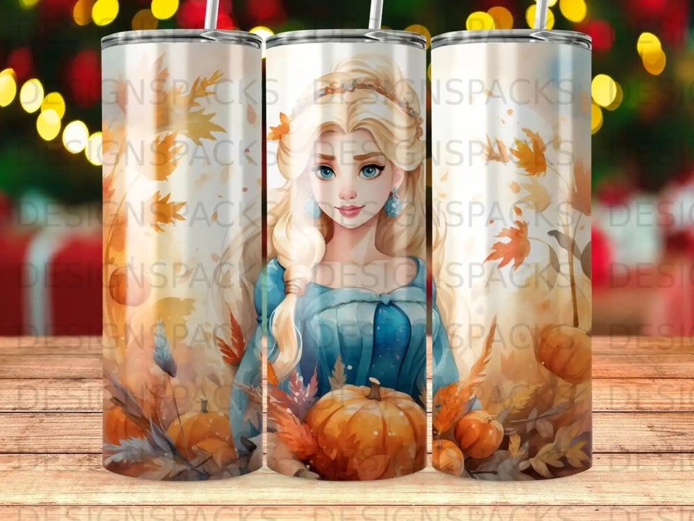 A tumbler design with Elsa from Frozen surrounded by pumpkins and fall leaves.