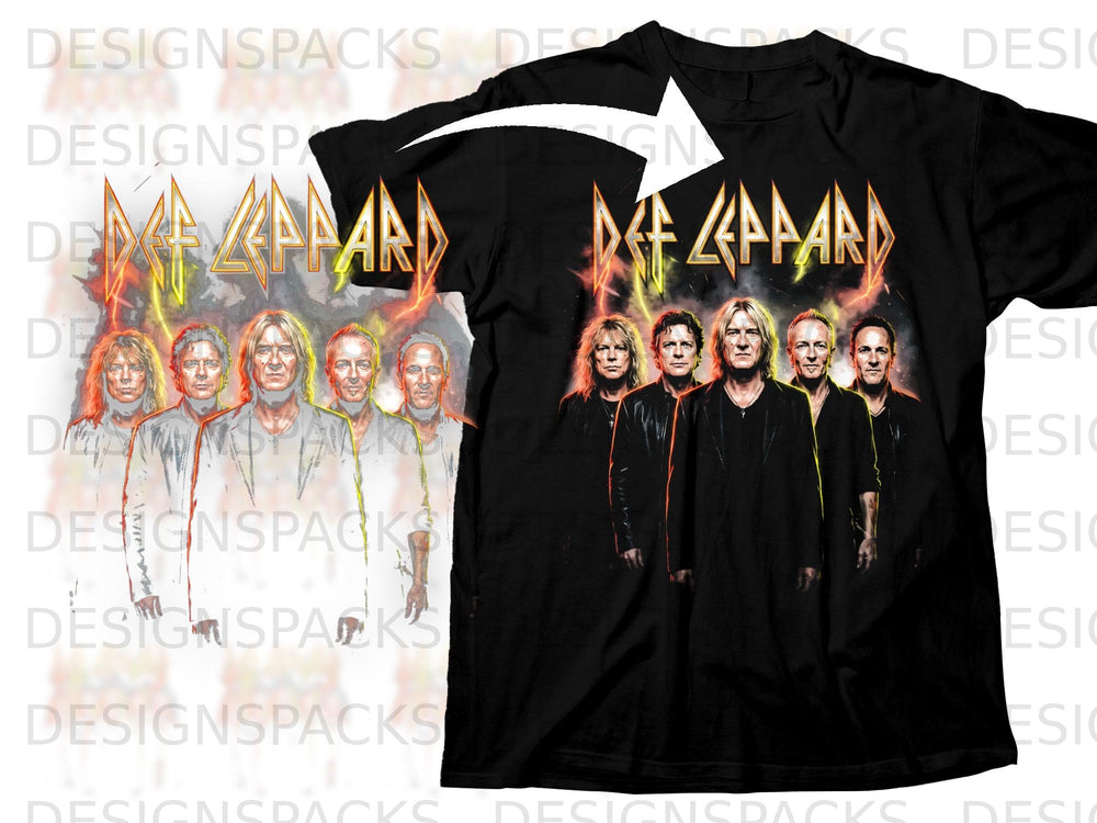 Black t-shirt featuring the Def Leppard logo and band members with a fiery background.