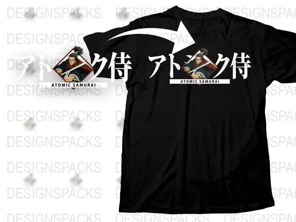 Atomic Samurai Anime T-Shirt, Black Graphic Tee, Japanese Kanji Print, Manga Character Shirt, Cotton Casual Top, Unisex Fashion