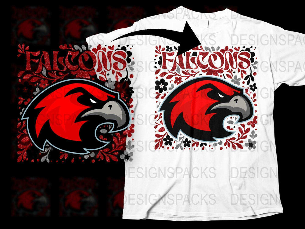 Falcon Mascot Graphic T-Shirt, Bold Red and White Design, Sports Team Apparel, Unisex Casual Wear