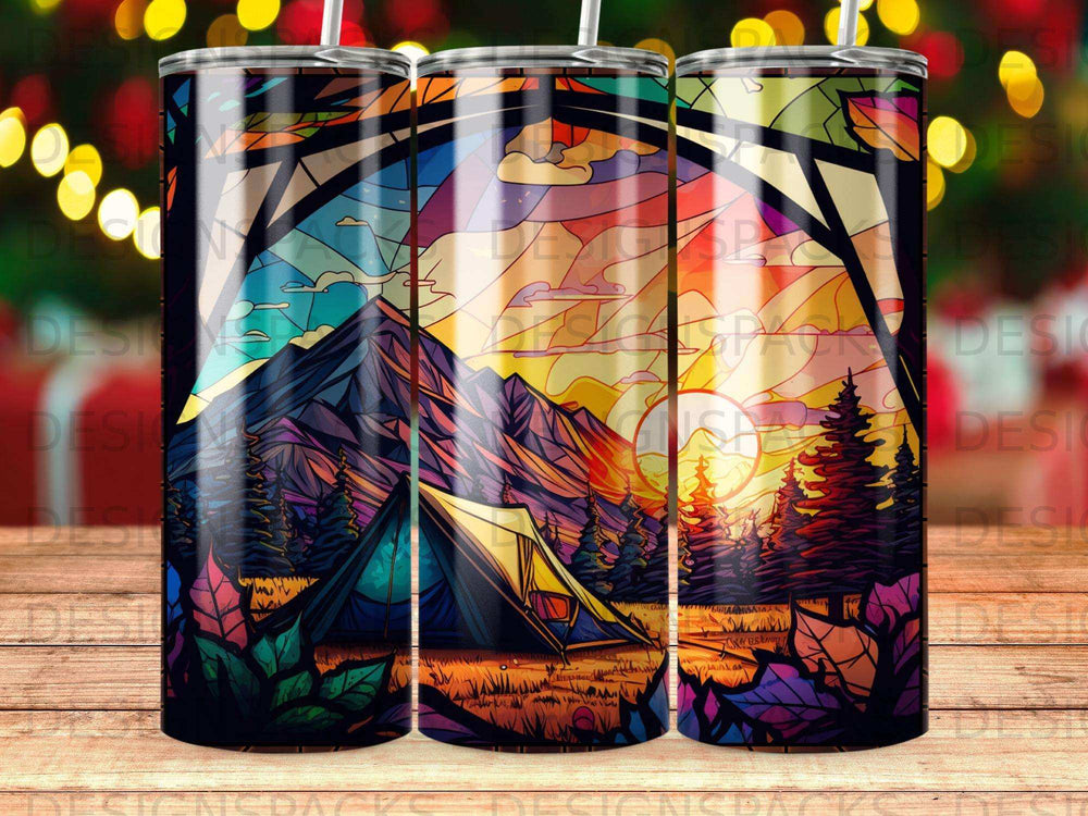Tuscan sunset over mountains with tent and pine trees, stained glass effect.