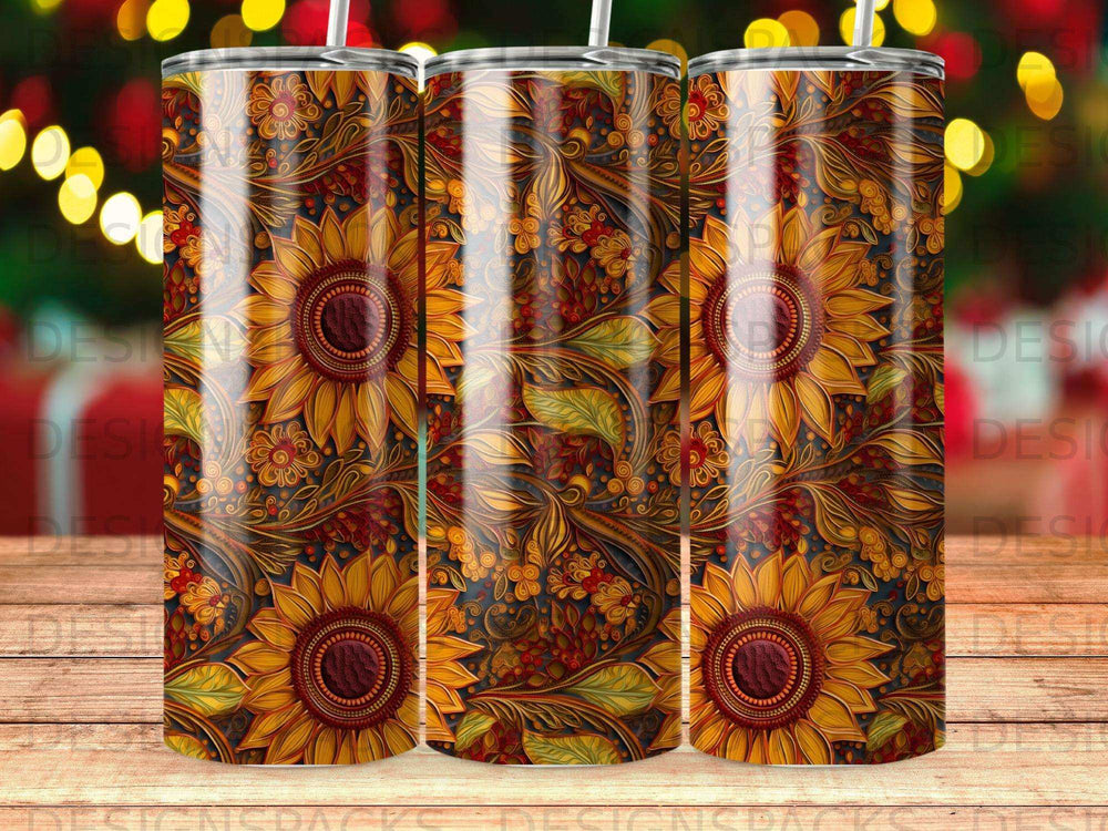 Three tumblers with a repeating sunflower and floral pattern in warm autumn colors.