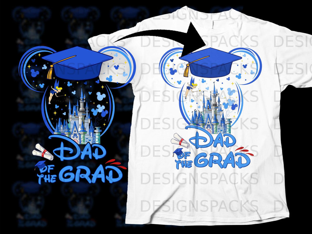 "Dad of the Grad" text with Mickey Mouse ears, castle, and graduation cap.