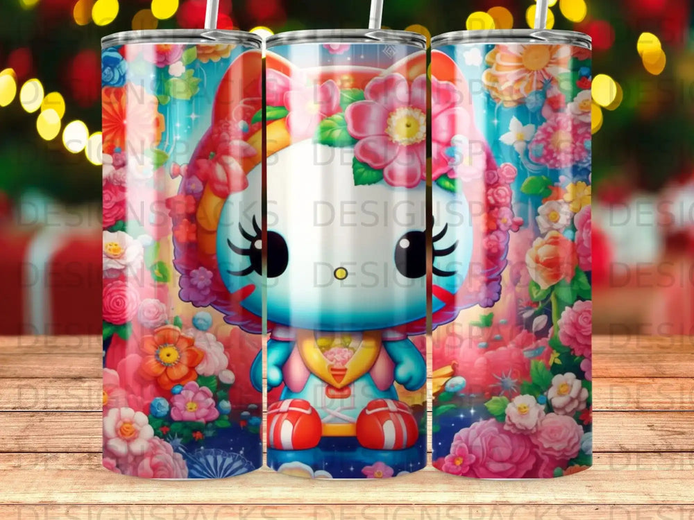 Cartoon cat character with flowers, on a tumbler cup.
