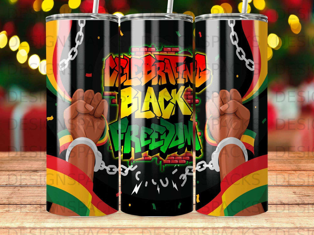 Black, red, and green abstract design with hands breaking chains and "Celebrate Back Freedom" text.