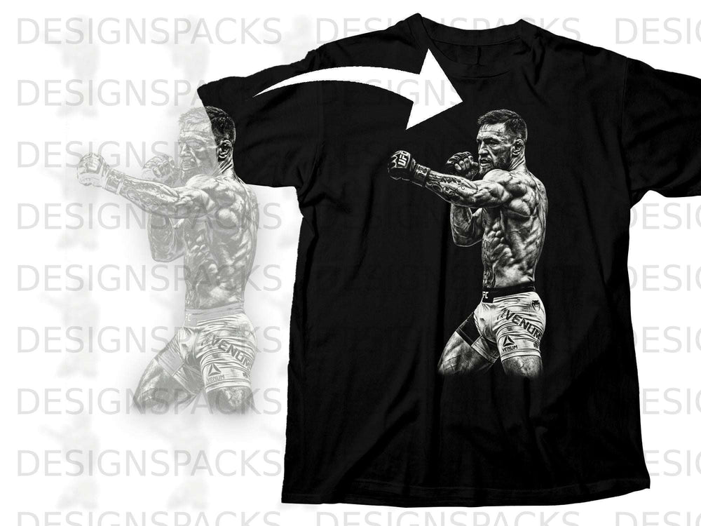 Black t-shirt with a black and white illustration of a fighter in fighting stance.