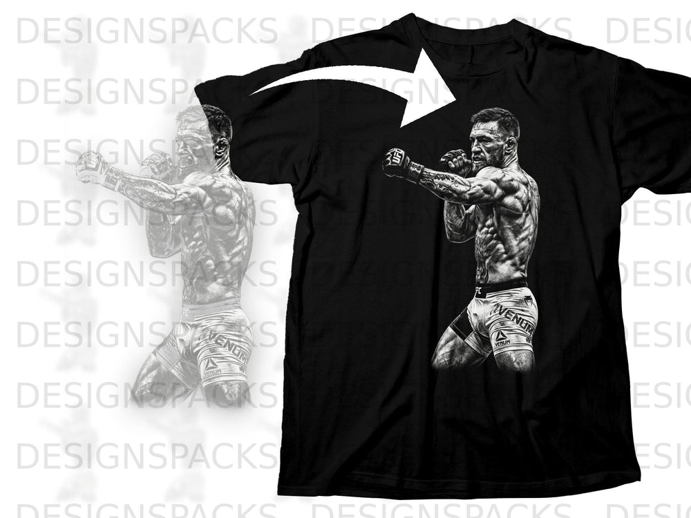 Black t-shirt with a black and white illustration of a fighter in fighting stance.