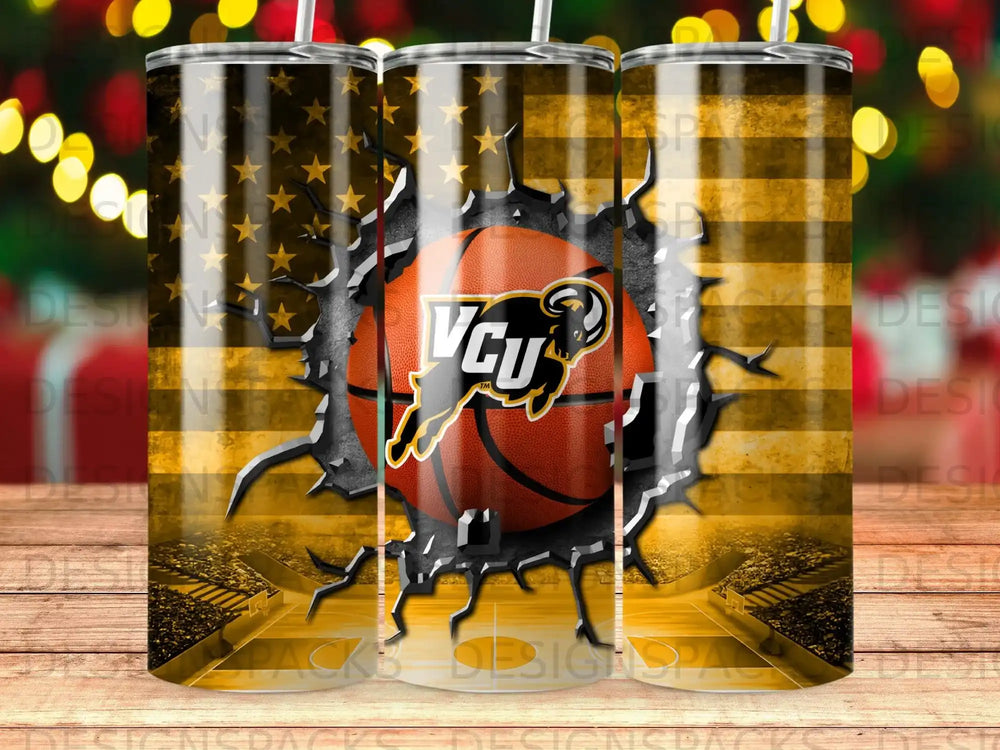 Virginia Commonwealth Rams basketball logo on a torn American flag background.