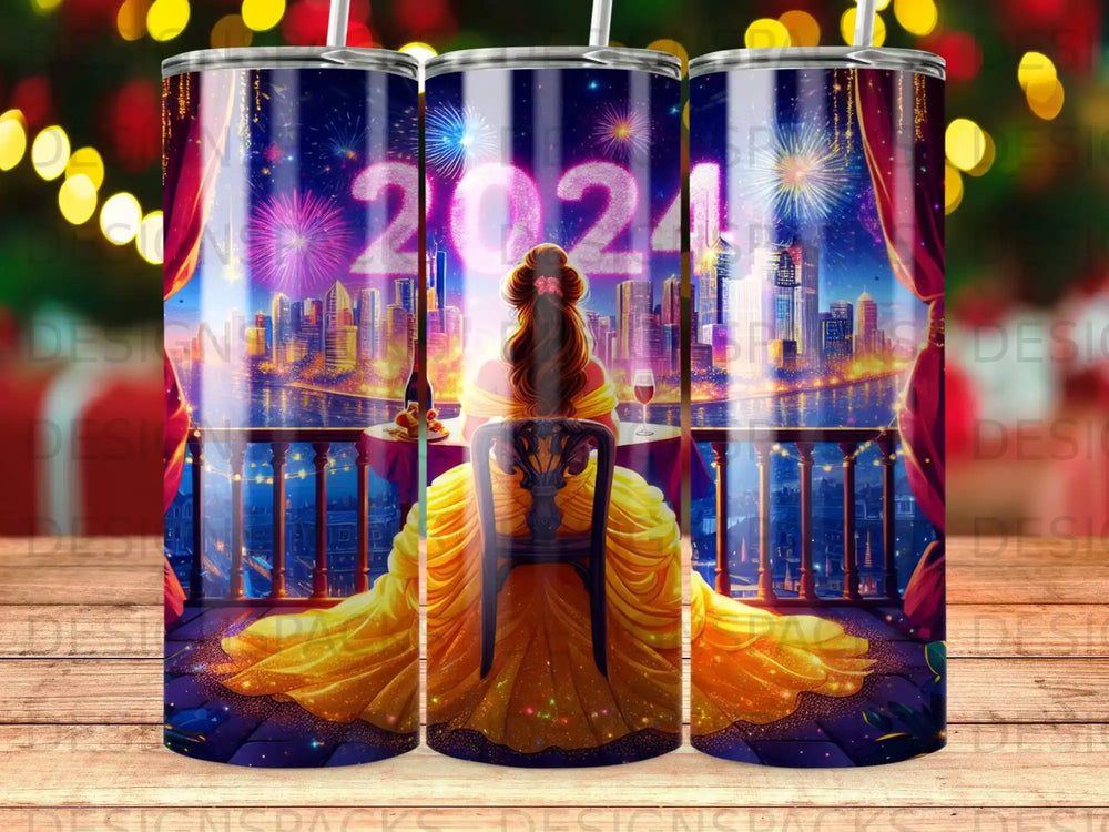 Woman in yellow dress on balcony overlooking city with fireworks.