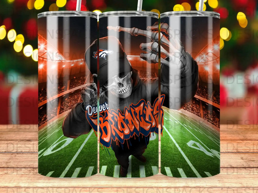 Denver Broncos skeleton hoodie on football field background.