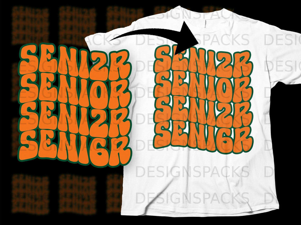 Senior 2024 graphic in a retro wavy font on a white t-shirt.