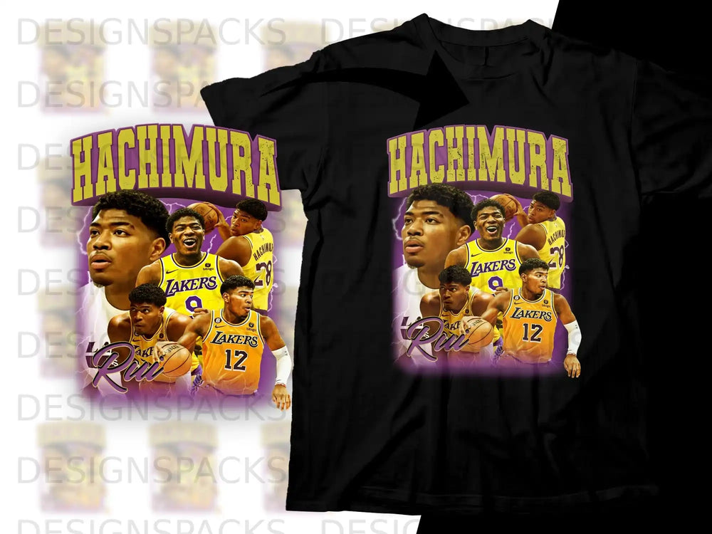 T-shirt featuring Rui Hachimura in Los Angeles Lakers uniform.
