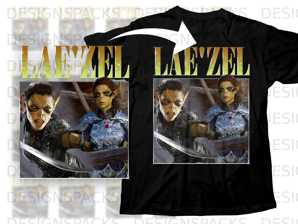 Black t-shirt featuring "LAE'ZEL" text and character art with swords.
