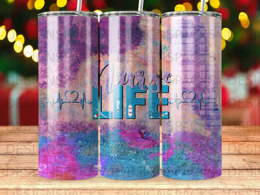 Nurse life tumbler with purple and blue floral watercolor design and ECG line.