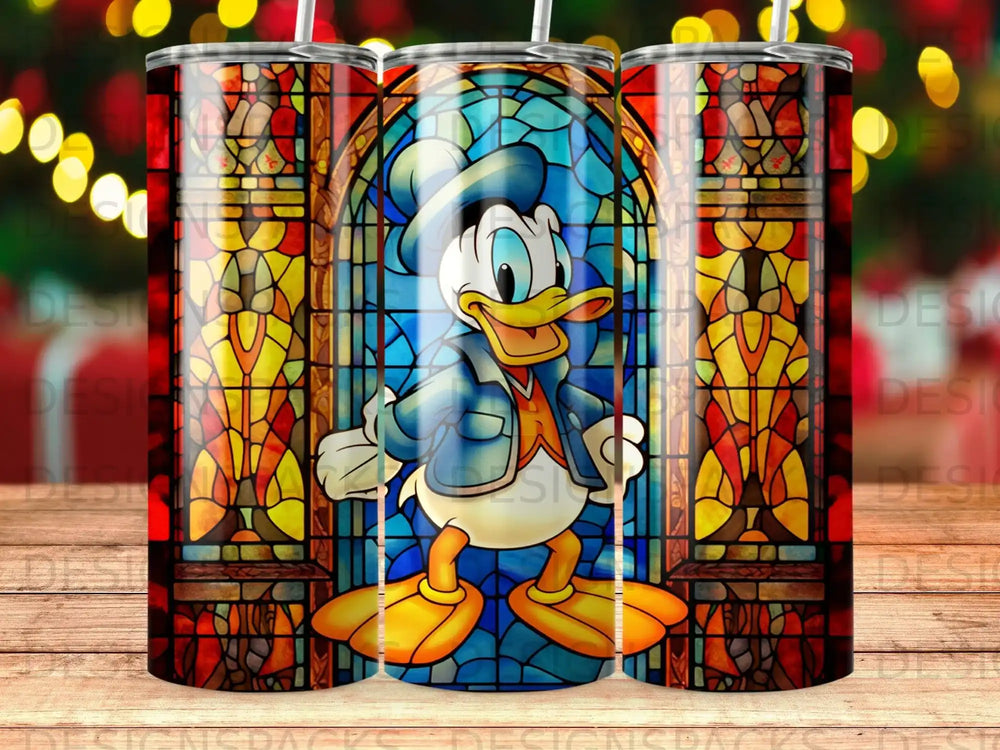 Donald Duck in stained glass pattern on a tumbler.