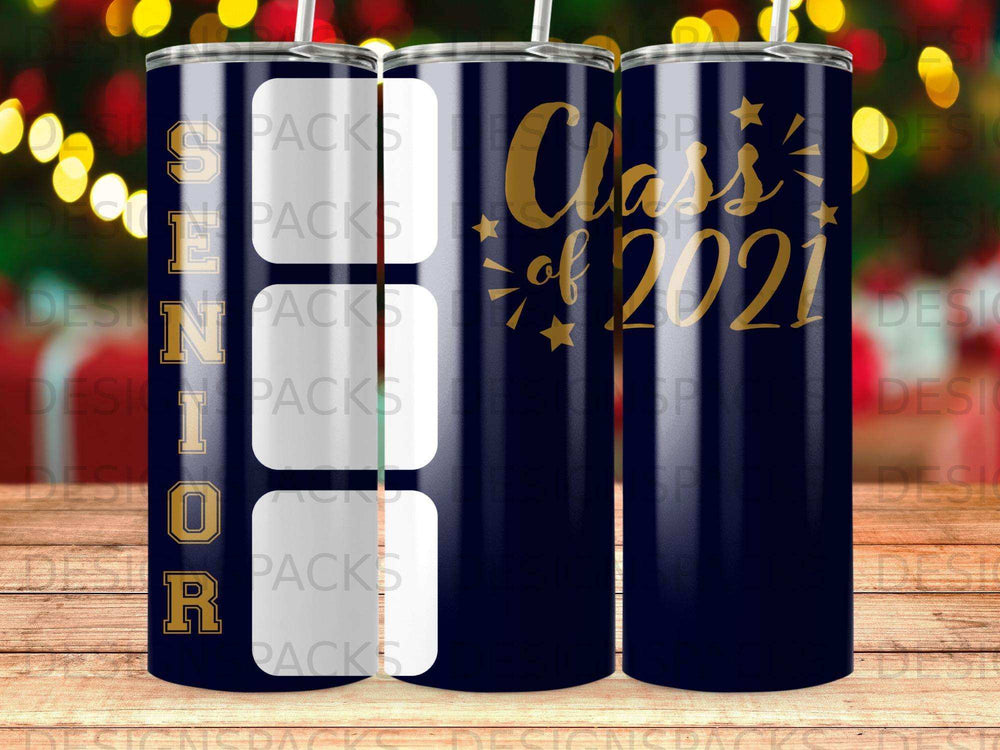 Dark blue tumbler with "Class of 2021" and "SENIOR" text.