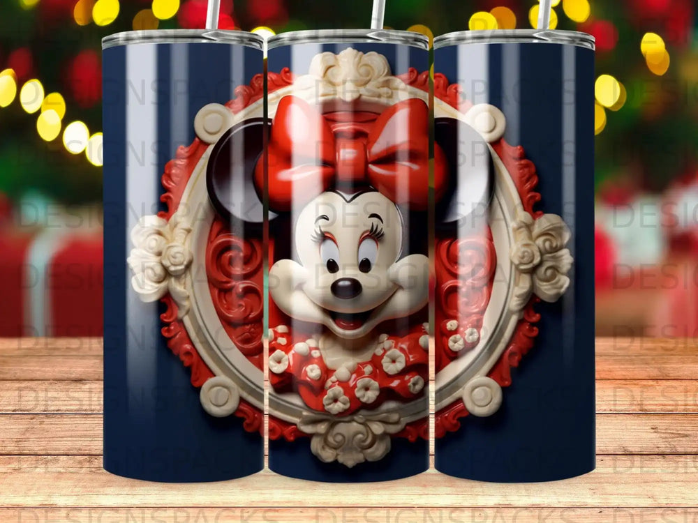 Minnie Mouse's face and ears in a red and white ornate frame.