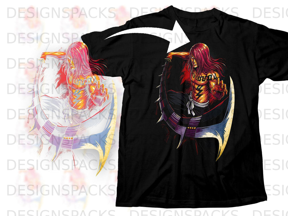 Black t-shirt with anime character graphic featuring a man with long pink hair wielding a crescent blade.