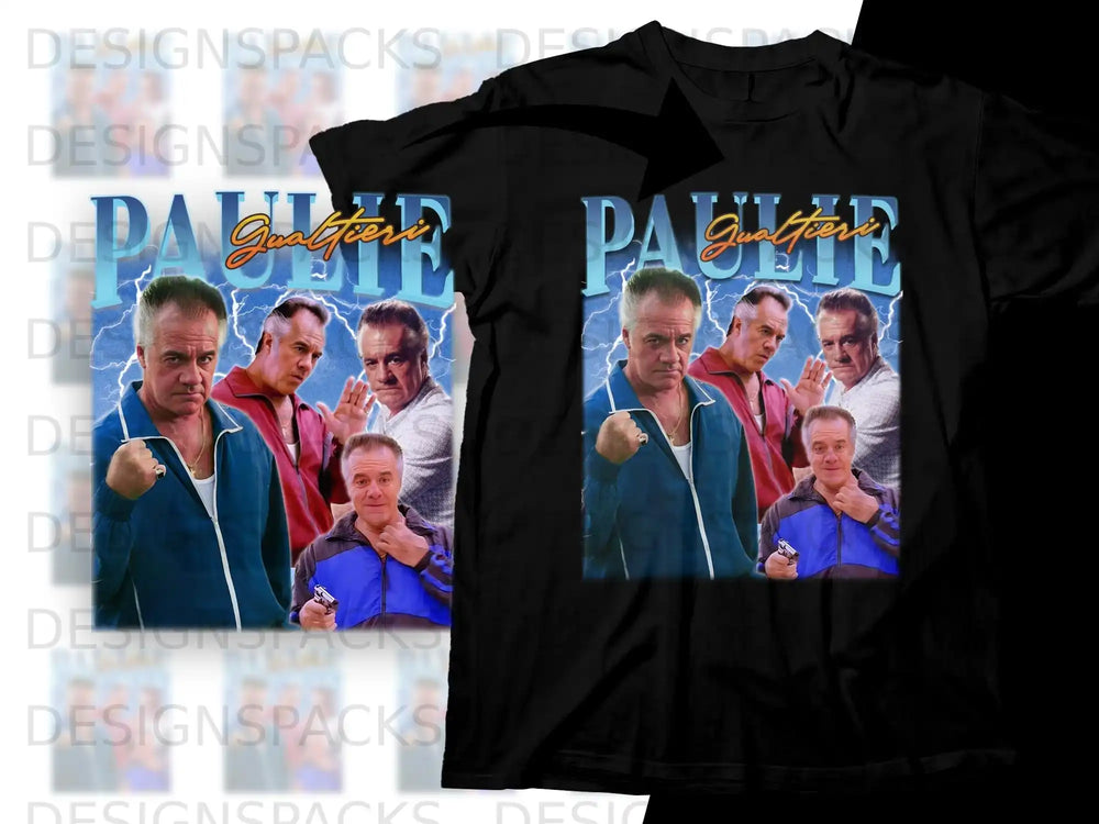 Two black t-shirts featuring a collage of characters from The Sopranos.