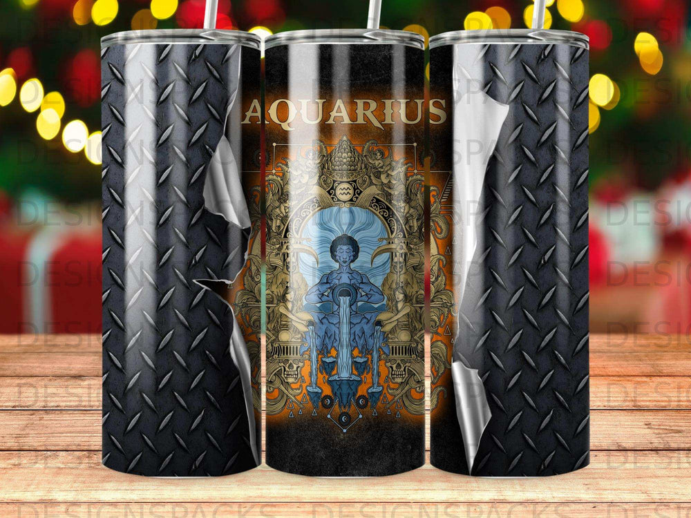 Aquarius zodiac sign on a diamond plate tumbler design.