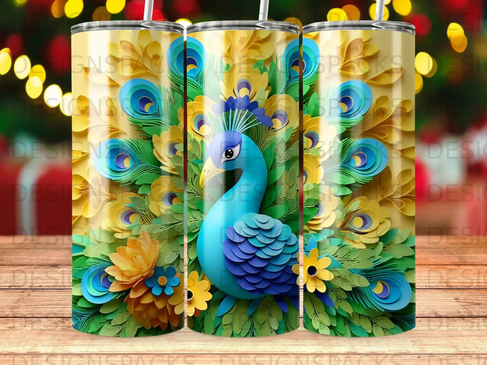 Blue peacock with colorful feathers and flowers design on a tumbler.