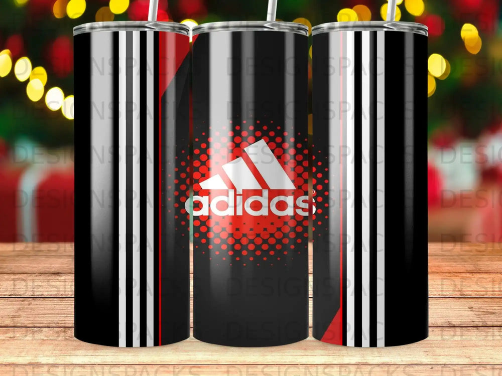Black Adidas tumbler with red and white stripes and speckled logo.