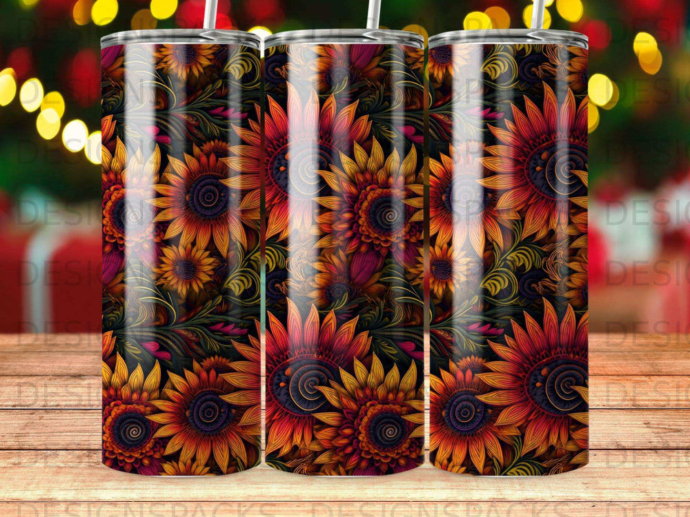 Pattern of sunflowers in warm colors with dark leafy accents.