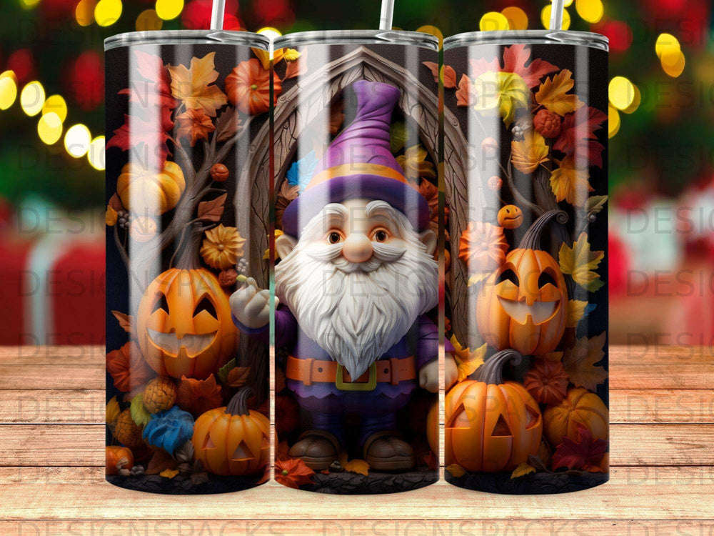 Gnome in a purple hat surrounded by pumpkins and autumn leaves.