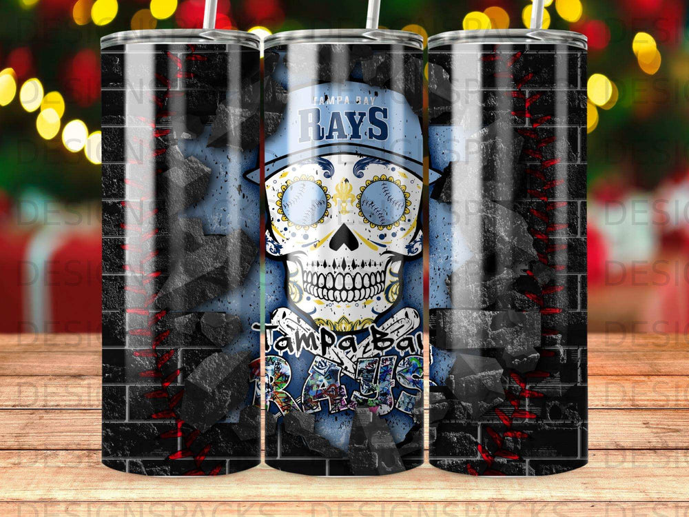 Tampa Bay Rays skull tumbler with brick and stone background.