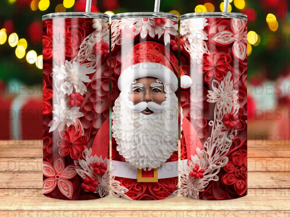 Santa Claus on a red tumbler with floral and snowflake designs.